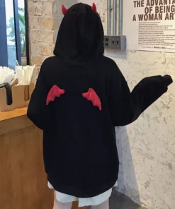 Cute Black Devil Hoodie With Horns And Wings