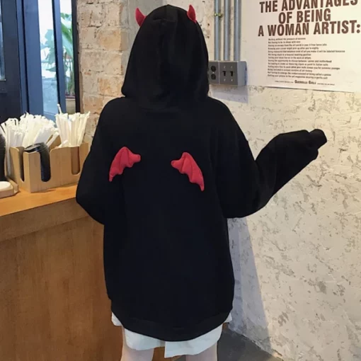 Cute Black Devil Hoodie With Horns And Wings