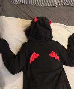 Cute Black Devil Hoodie With Horns And Wings