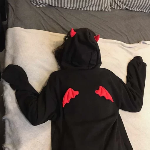 Cute Black Devil Hoodie With Horns And Wings