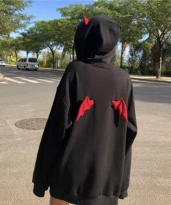 Cute Black Devil Hoodie With Horns And Wings