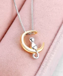 Cat & Moon Pendant Necklace Jewelry