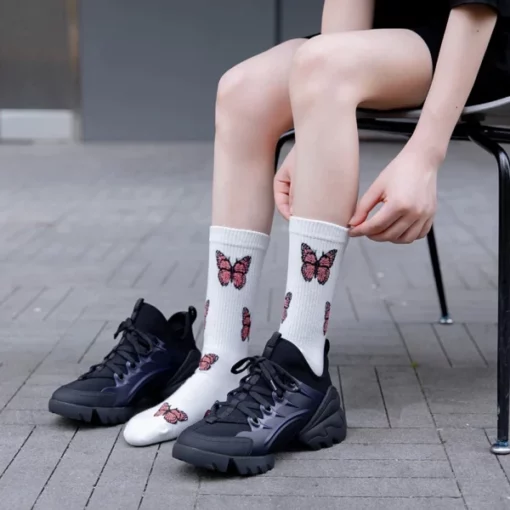 Cute Butterfly Print Crew Socks