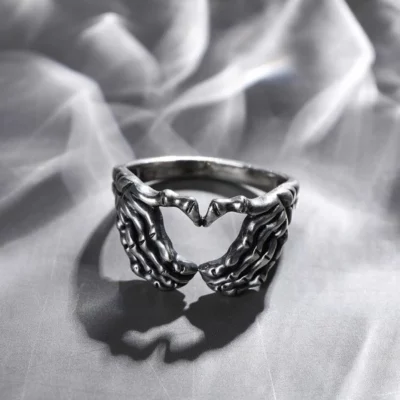 Realistic Silver Skull Hand Heart Ring