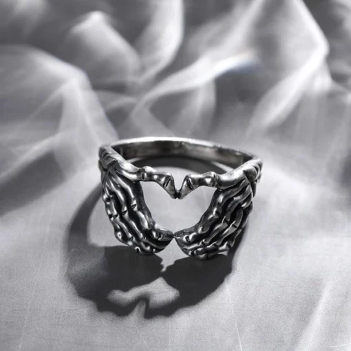 Realistic Silver Skull Hand Heart Ring