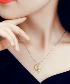 Cat & Moon Pendant Necklace Jewelry