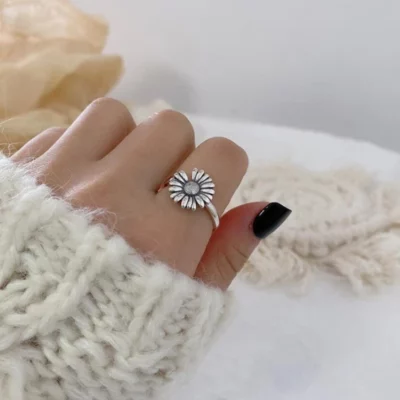 Antique Style Adjustable Silver Sunflower Ring