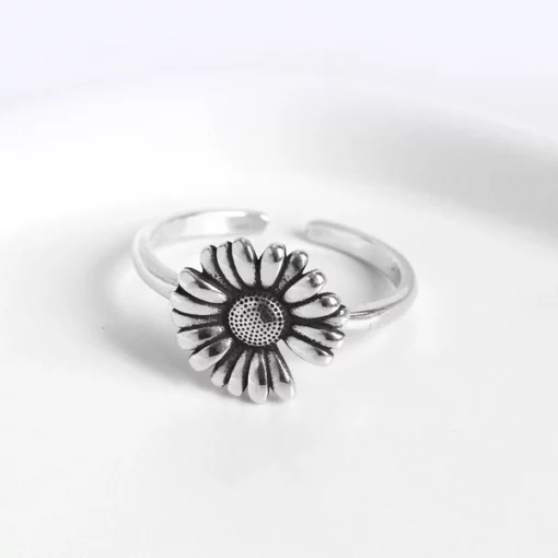 Antique Style Adjustable Silver Sunflower Ring