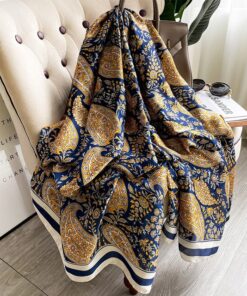 Blue Silk Scarf With Flowers For Women